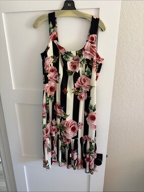Dolce and Gabbana Floral Rose Stripe Tank Dress - Pink, Black & Cream